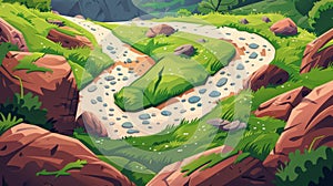 Information graphics with road top view and steps time line, curve way, rocky windy trail, green grass and rocks along