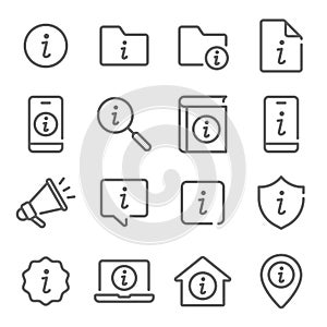 Information icon illustration vector set. Contains such icon as Info, Helpdesk, FaQ, About, Details, Mobile, Document and more. Ex