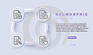 Information line icon. Digital storage, data management, organized documents, minus, plus, heart, percentage. Neomorphism style.