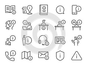 Information line icon set. Included the icons as info, reception counter, customer support, customer service, guide, manual, and m
