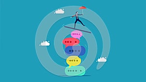 Information management. Businessman balancing with text and speech bubbles vector