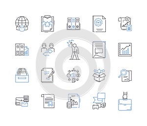 Information management line icons collection. Data, Analytics, Archives, Storage, Cataloging, Processing, Retrieval