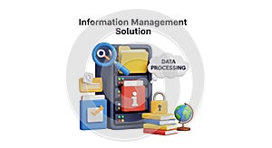Information management solution concept with data processing icons and digital security elements