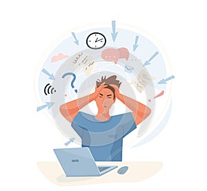 Information overload vector illustration concept. Young man sitting at table in front of computer and hold his head from