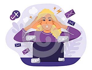 Information overload. Woman sitting at desk and gets too much information. Mental health concept. Tangled minds. Flat