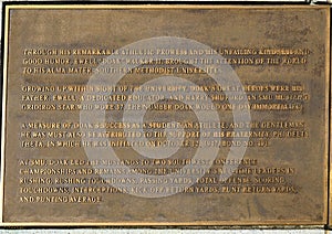 Information plaque for Bronze statue of Doak Walker on Doak Walker Plaza, Southern Methodist University, Dallas, Texas