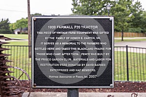Information plaque for 1939 Farmall F20 Tractor exhibit in Frisco, Texas.