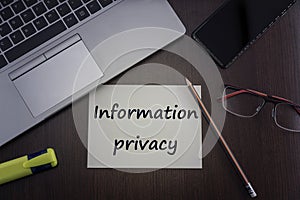 Information privacy card. Top view of office table desktop background