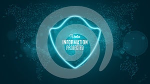 Information is protected. Blue glowing neon shield. Neon banner. The system is protected. Sci-fi and hi-tech. World map. Vector
