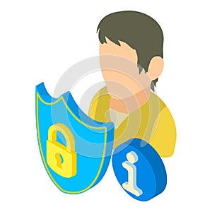 Information protection icon isometric vector. Man shield lock and info sign