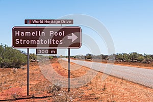 Information road sign showing direction to World Heritage Site - Hamelin Pool