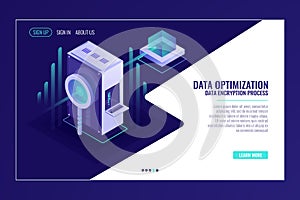 Information search data optimization concept, server room, magnifying glass, bigdata flow isometric