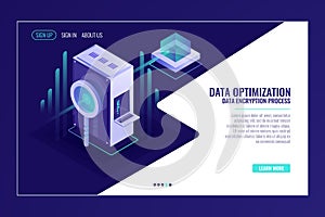 Information search data optimization concept, server room, magnifying glass, bigdata flow isometric photo