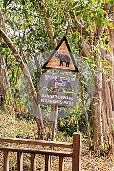 Information sign, which warns of elephants next to Phnom Bakheng temple, Angkor, Siem Reap, Cambodia, Asia
