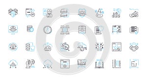 Information system linear icons set. Database, Software, Nerk, Analytics, Cybersecurity, Integration, Infrastructure