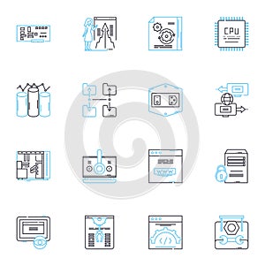 Information systems linear icons set. Database, Analytics, Automation, Integration, Security, Nerking, Optimization line