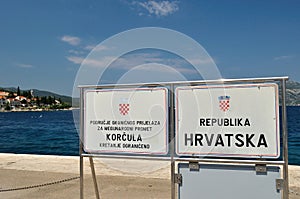 Information table in port of Korcula. Republika Hrvatska, Croatia