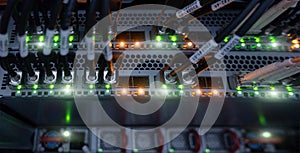 Information Technology Computer Network. Internet connection and telecommunications. Cables close up.