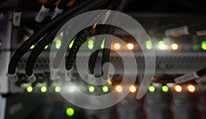 Information Technology Computer Network. Internet connection and telecommunications. Cables close up.