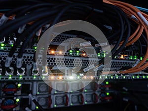 Information Technology Computer Network. Internet connection and telecommunications. Cables close up.