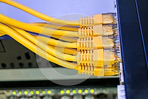 Information technology concept. Internet cable is in the datacenter server room. Several yellow network wires are connected to the
