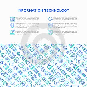 Information technology concept with thin line icons: social network, system backup, search, LAN network, connection, API, feedback