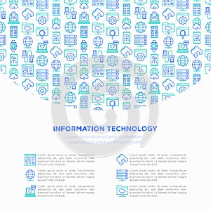 Information technology concept with thin line icons: social network, system backup, search, LAN network, connection, API, feedback