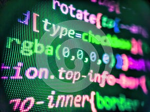 Information technology concept. Web app coding. Abstract program code on computer screen. Big data concept, node base. Design
