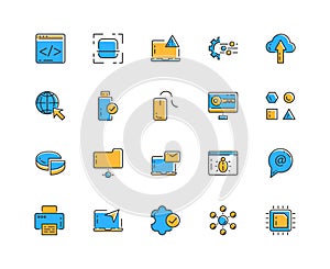 Information technology editable stroke perfect line icon set with IT logo. Communication, online computer, website content,