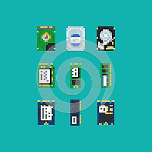 Information technology pixel art icons set. Robot arm. Brain and cerebrum. Artificial intelligence data micro circuit