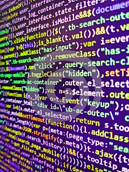 Information technology website coding standards for web design. Background of software developer script. Computer code on laptop