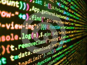 Information technology website coding standards for web design. Modern display of data source code. Program source code on monitor