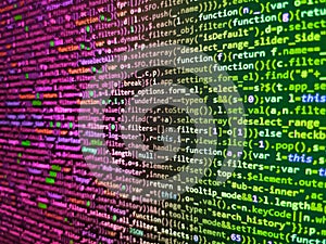 Information technology website coding standards for web design. Programming Javascript on laptop computer screen. Software