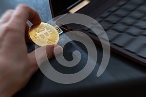 Informational era with cryptocurrency, bitcoin connecting to a PC.