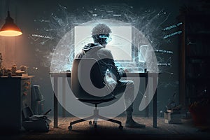 Infosec, illusion, quest, hacker, 4k, man sitting at the computer