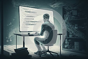 Infosec, illusion, quest, hacker, 4k, man sitting at the computer