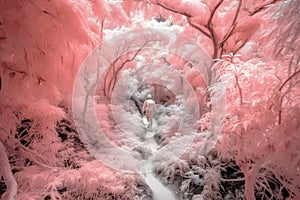 Infrared aerial view of a hiker trekking through a lush forest, captured with an infrared drone camera. Generative AI