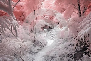 Infrared aerial view of a hiker trekking through a lush forest, captured with an infrared drone camera. Generative AI