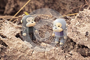 infrared image of the monkey toys on the dried deforested land