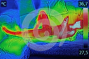 Infrared image showing the heat emission when woman used smartphone