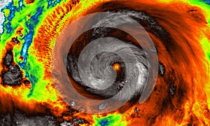 Infrared imaging map of super typhoon. The eye of the hurricane. Satellite view