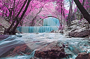 Infrared landscape of the double waterfalls Trikala Thessaly Greece