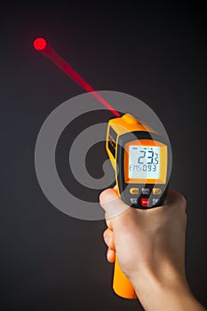Infrared laser thermometer in hand