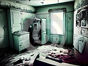 an infrared-modded camera captures interior of the abandoned overgrown and furniture inside the house