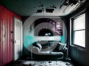 an infrared-modded camera captures interior of the abandoned overgrown and furniture inside the house