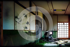 an infrared-modded camera captures interior of the abandoned overgrown and furniture inside the house