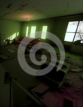 an infrared-modded camera captures interior of the abandoned overgrown and furniture inside the house