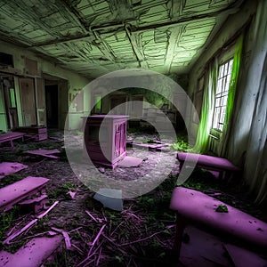 an infrared-modded camera captures interior of the abandoned overgrown and furniture inside the house