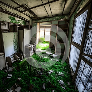 an infrared-modded camera captures interior of the abandoned overgrown and furniture inside the house