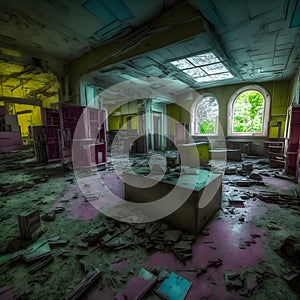 an infrared-modded camera captures interior of the abandoned overgrown and furniture inside the house